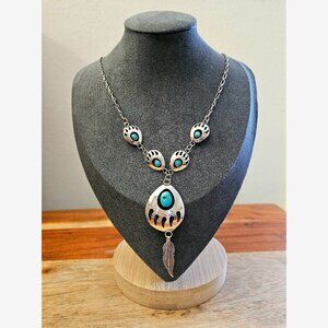 Vintage Native American Sterling Silver Turquoise Bear Claw Necklace